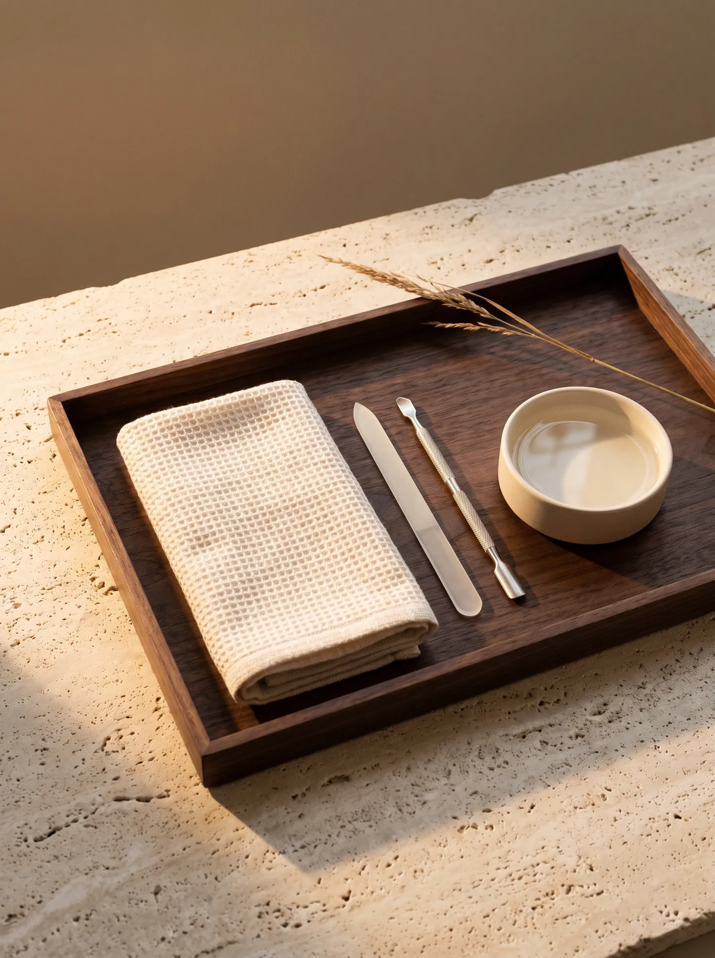Still life of a walnut tray with a linen towel, glass nail file, cuticle tool and ceramic dish